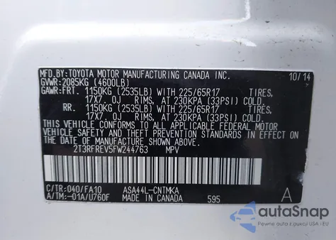 2015 Toyota Rav4 Xle из США, поврежденный, VIN 2T3RFREV5FW244763